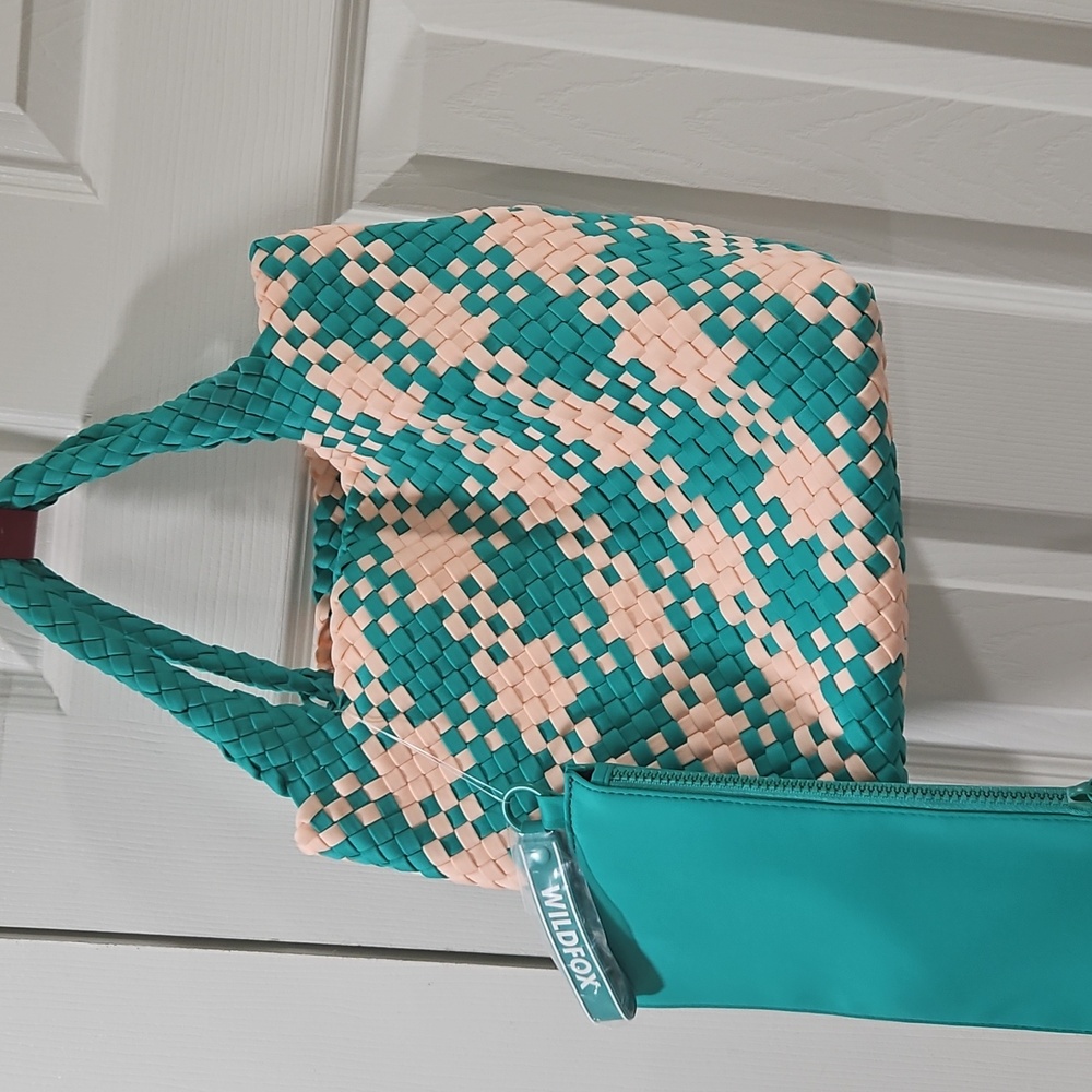 Wildfox Turquoise and Beige Woven Tote